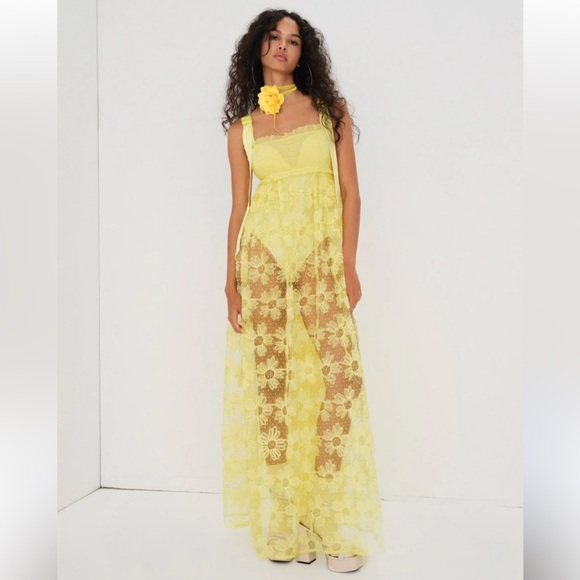ANTHROPOLOGIE For Love & Lemons Yellow Lace Maxi Dress size small - Picture 5 of 15